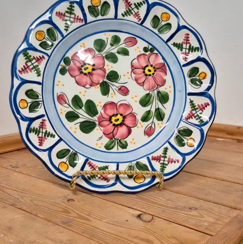 Floral Ceramic Plate with Pink and Green Design